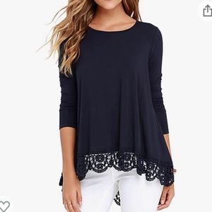 Womens NWT Ling sleeve Naxy top with lace detail around bottom w/a high/low hem